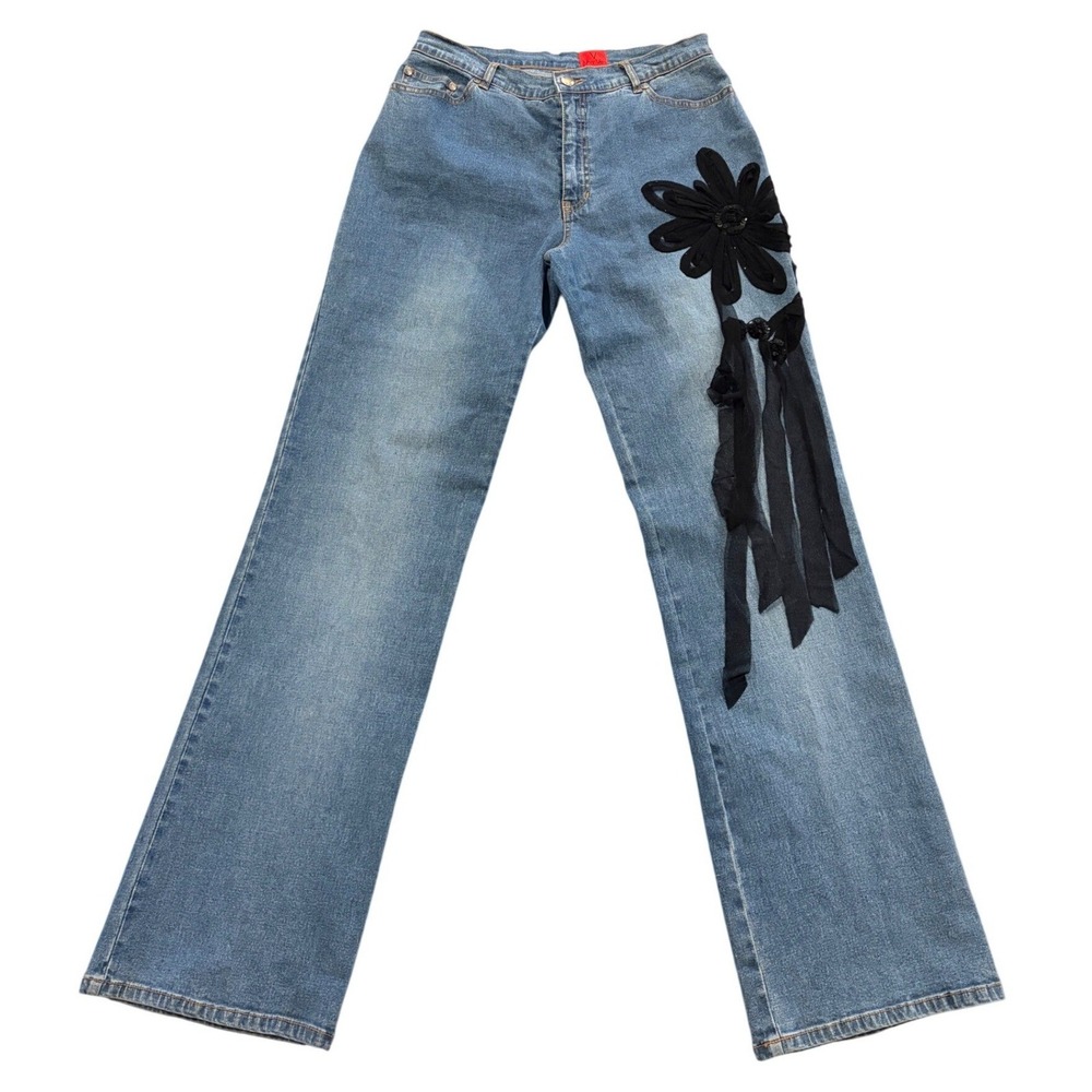 Y2K Very Vera‎ Floral Applique Ribbon Flare Jeans Womens 10 Boho Fairycore